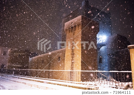 Christmas background, fir tree branches with gold christmas balls and golden decortation on pink background 71964111