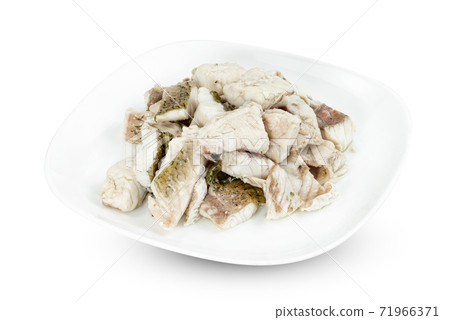 barramundi or Asian seabass fish boiled with dish isolated on white background ,include clipping path 71966371