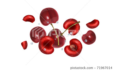 Flying cherry berries and water drops on a white background. 71967014