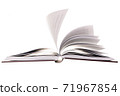 Open hardcover book with flying pages, isolated on white background. Sel 71967854