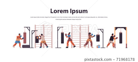 mix race boxers doing exercises with punching bag training healthy lifestyle boxing concept horizontal 71968178