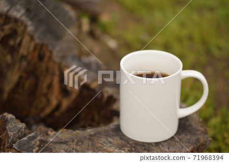 Coffee placed on an outdoor stump 71968394