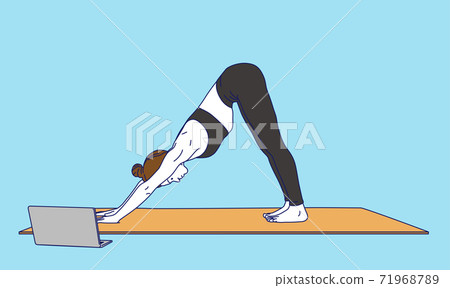 A woman doing online yoga, a downward dog pose (down dog) 71968789