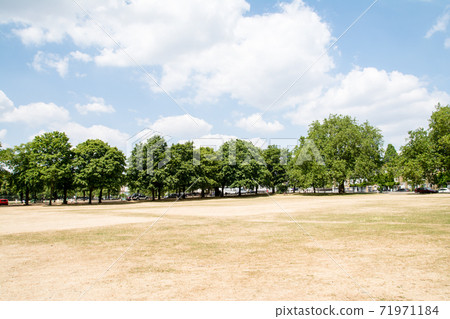 A park on the outskirts of London, a brown lawn and trees lined up around it A park on the outskirts of London, a brown lawn and trees lined up around it 71971184