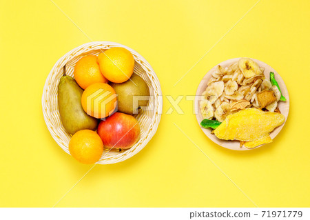 Assortment of dried and raw fruits on a yellow background, healthy food concept Assortment of dried and raw fruits on a yellow background, healthy food concept 71971779