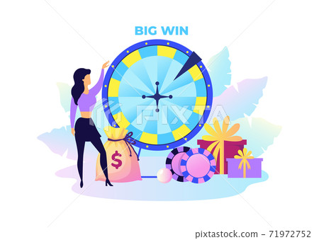 Fortune wheel. Woman with presents and money. Big win in lottery concept. Rotating circle for raffling prizes. Casino or entertaining television show. Vector banner of gambling and risky game 71972752