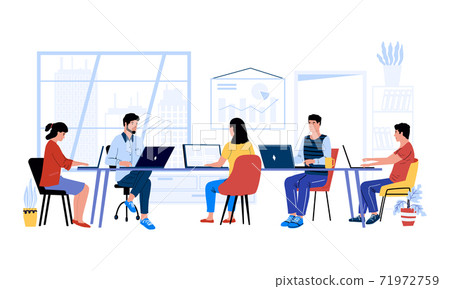 People at desk. Men and women working together at project. Office colleagues and coworking mates. Workspace interior. Communication and business process. Vector workspace illustration People at desk. Men and women working together at project. Office colleagues and coworking mates. Workspace interior. Communication and business process. Vector workspace illustration 71972759