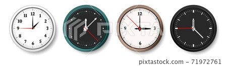 Clock. Realistic wall circle watches with hour, minute and second hands. Black or white minimalist dial, simple signs, arrows and numbers. Timepiece design, vector chronometers set 71972761