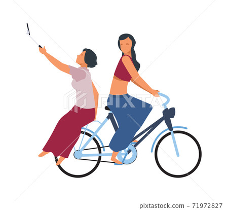 People on bike. Cute women riding on bicycle. Girls driving cycle and making selfie. Cyclist carries passenger. Eco-friendly transport, leisure and moving around city, vector vehicle People on bike. Cute women riding on bicycle. Girls driving cycle and making selfie. Cyclist carries passenger. Eco-friendly transport, leisure and moving around city, vector vehicle 71972827