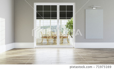 Empty room with balcony, wooden floor and painting wall, canvas frame interior concept 3d rendering 71973169