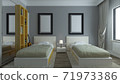 Modern dorm room twin bed with photo frame interior design 3D rendering 71973386
