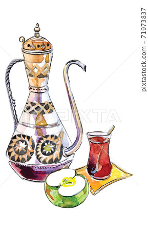 Antique turkish teapot, cup of tea, apple 71973837