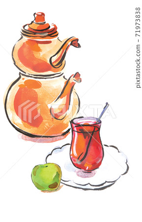 Watercolor turkish tea with turkish kettle 71973838