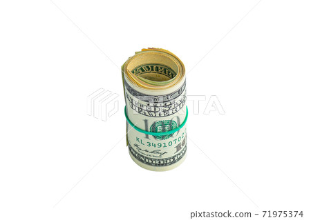 Rolled up one hundred dollar bills. Roll of dollar bills tied with an elastic band on a white background. 71975374