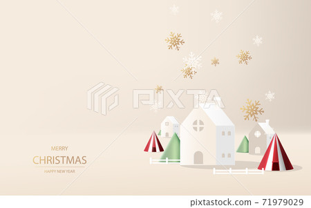 Winter season with Countryside landscape village. Paper art of Merry Christmas. Greeting card 71979029