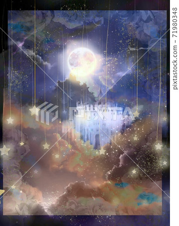 夢想可愛的西方城堡和滿月和雲朵美麗的圖畫書插圖 夢想可愛的西方城堡和滿月和雲朵美麗的圖畫書插圖 71980348