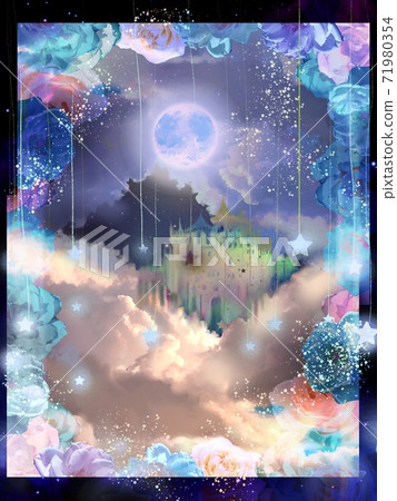 夢想可愛的西方城堡和滿月和雲朵美麗的圖畫書插圖 夢想可愛的西方城堡和滿月和雲朵美麗的圖畫書插圖 71980354