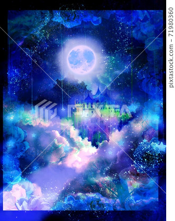 夢想可愛的西方城堡和滿月和雲朵美麗的圖畫書插圖 71980360