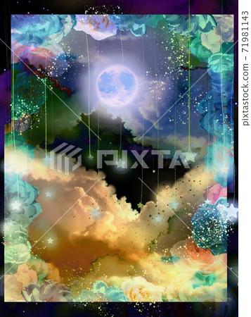 一幅美麗的太空風景畫，描繪了玫瑰框和從天上掉下來的流星和滿月 71981143