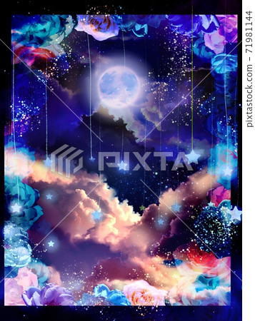 美麗的玫瑰花空間山水畫，流星從天上掉下來，滿月 71981144