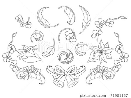 Illustration set of poinsettia and holly, bell and ribbon line art 71981167