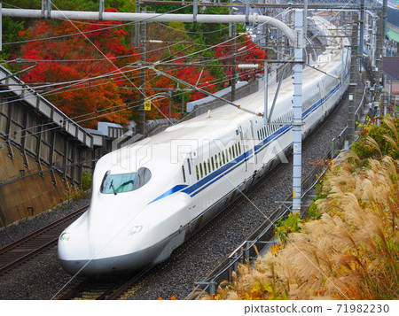 Shinkansen N700S J1 formation and autumn leaves near Ishiyama, Otsu City 71982230
