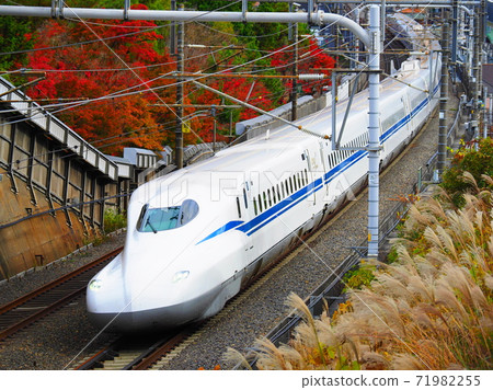 Shinkansen N700S J5 formation and autumn leaves near Ishiyama, Otsu City 71982255