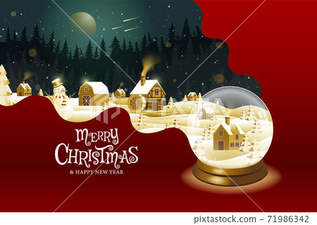 Merry Christmas, happy new year, calligraphy, Golden landscape fantasy , vector illustration. 71986342