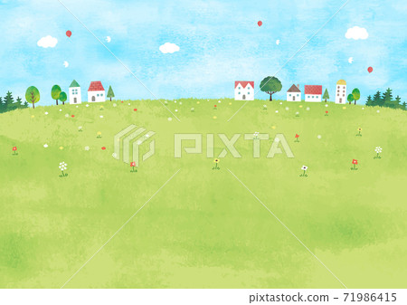 明亮的水彩草地和房屋 71986415