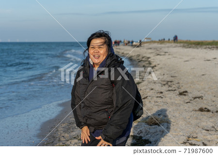 A middle aged Asian woman hiking at a nature reserve. Picture from Falsterbo in Scania, Sweden 71987600