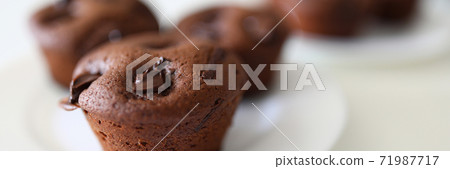 Close up, on white plate are chocolate muffins 71987717