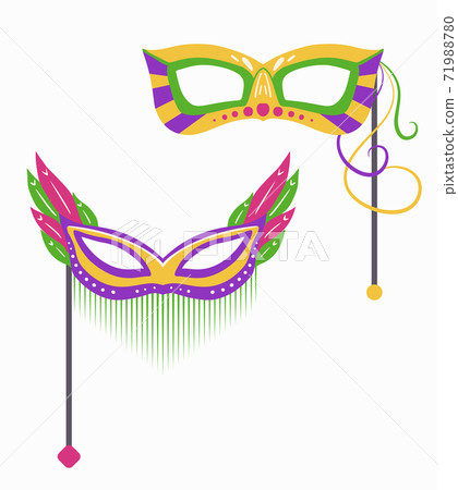 Set of Mardi Gras carnival masks with various decorations on stick. Flat hand drawn holiday object. Festival dressing for the face. Vector object Set of Mardi Gras carnival masks with various decorations on stick. Flat hand drawn holiday object. Festival dressing for the face. Vector object 71988780