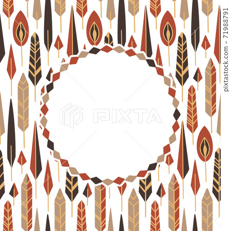 Vertical card with tribal texture with boho feathers with native decorations in row and place for text on a white background. Vector flat greeting card 71988791