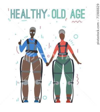 Pair of african happy healthy old people in exosuits with lettering. Innovation in medicine. Elderly family. Exoskeleton for people with disabilities. Vector flat image Pair of african happy healthy old people in exosuits with lettering. Innovation in medicine. Elderly family. Exoskeleton for people with disabilities. Vector flat image 71988829