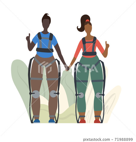 Pair of happy healthy african people in exosuits on abstract leaves. Innovation in medicine. Exoskeleton for people with disabilities. Vector flat image Pair of happy healthy african people in exosuits on abstract leaves. Innovation in medicine. Exoskeleton for people with disabilities. Vector flat image 71988899