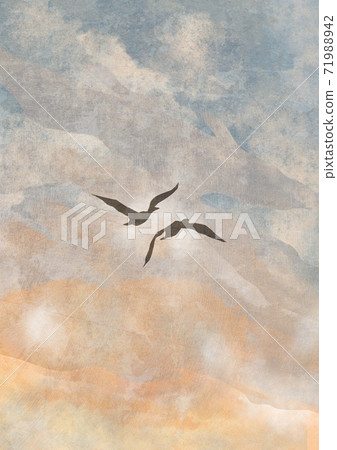 Boho Sky with Two Birds Print. Abstract Background. Bohemian printable wall art, boho poster, pastel abstract art, landscape drawing, sea painting. Hand Drawn Effect 71988942