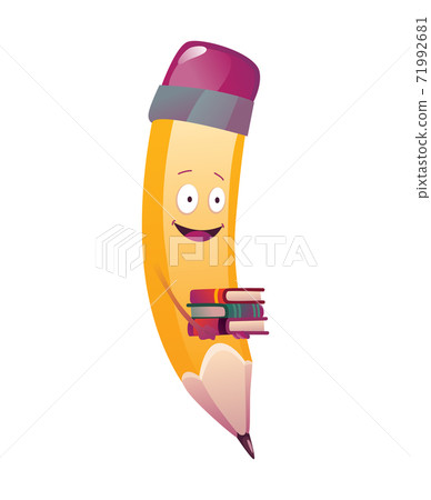 Pencil cartoon. Cute humanized pencil character with arms and face emoji illustration with book Pencil cartoon. Cute humanized pencil character with arms and face emoji illustration with book 71992681