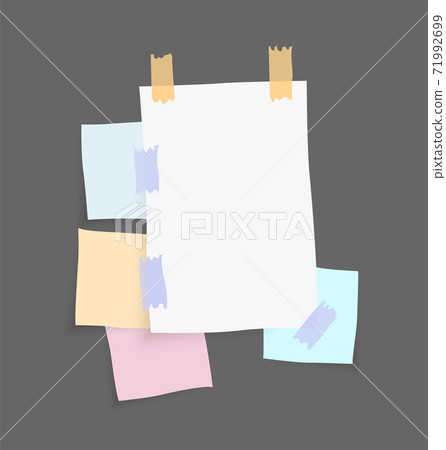 Paper notes stickers. Place for memo messages on paper sheets. Blank sticky place for to do list and office notice or information board 71992699