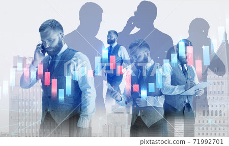 Cooperation gesture, success with double exposure of business people and network interface. Concept of connection and partnership. Cooperation gesture, success with double exposure of business people and network interface. Concept of connection and partnership. 71992701