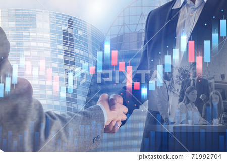 Cooperation gesture, success with double exposure of business people and network interface. Concept of connection and partnership. 71992704