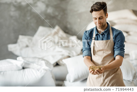 Smiling millennial brewery owner or worker in apron holds wheat or barley grains in hands in warehouse 71994443