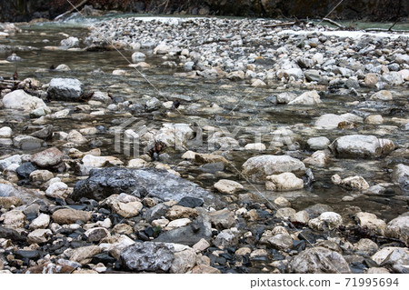 Fast river in mountain gorge. Large stones on banks. Partnachklamm, famous tourist destination. Partnachklamm in Garmisch-Partenkirchen 71995694