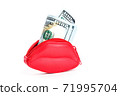 Red purse in the form of lips and banknotes of one hundred dollars. Love for money. Women's salary. Selling love. 71995704
