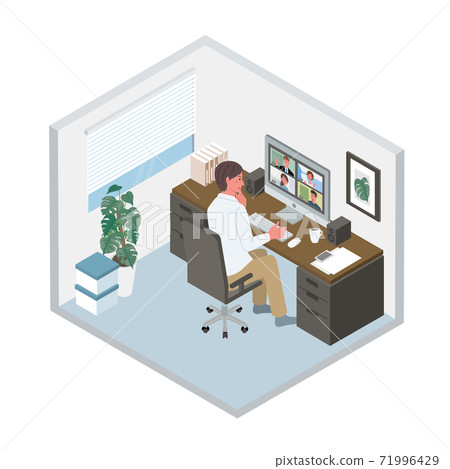 Remote work male isometric illustrations for online meetings 71996429