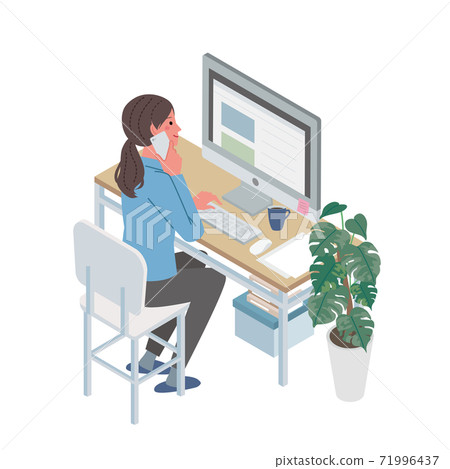 Remote work Female isometric telework illustration talking on a smartphone 71996437