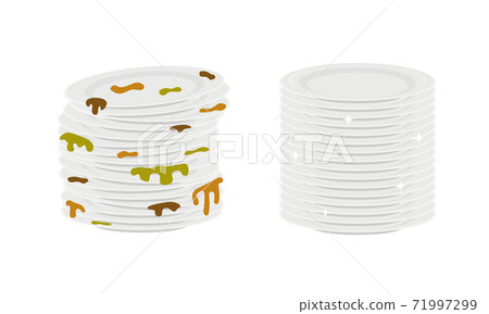 Stacks of dirty and clean plates isolated on white background. Dishes before and after washing. Vector illustration Stacks of dirty and clean plates isolated on white background. Dishes before and after washing. Vector illustration 71997299
