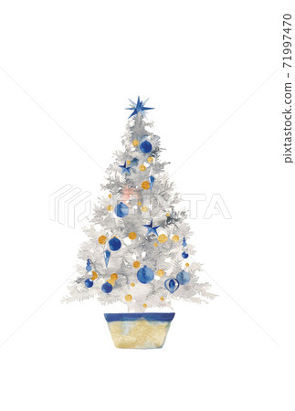 Silver Christmas tree, golden and blue ornaments 71997470