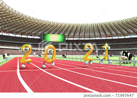 2021 (Reiwa 3rd year) New Year's card material with an athletics stadium as a motif because it is the year of the Olympic Games 71997647
