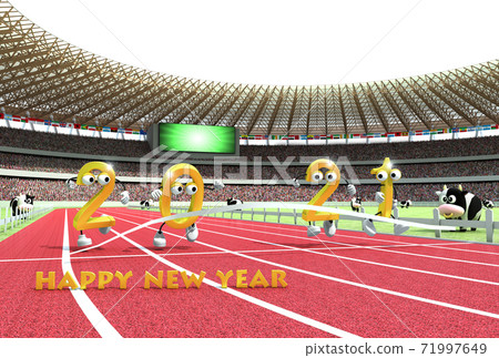 2021 (Reiwa 3rd year) New Year's card material with an athletics stadium as a motif because it is the year of the Olympic Games 2021 (Reiwa 3rd year) New Year's card material with an athletics stadium as a motif because it is the year of the Olympic Games 71997649