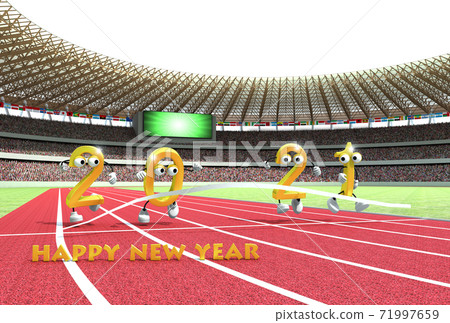 2021 (Reiwa 3rd year) New Year's card material with an athletics stadium as a motif because it is the year of the Olympic Games 71997659